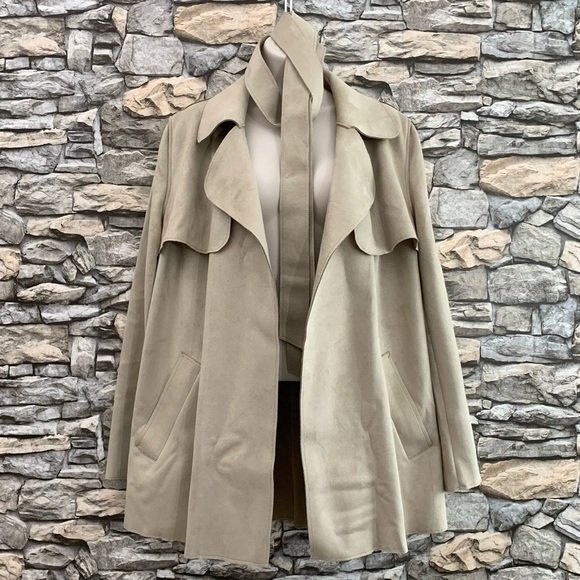 #13 Vintage H&M Tan Faux Suede Khaki Belted Short Open Trench Coat Jacket 10 - Picture 2 of 5